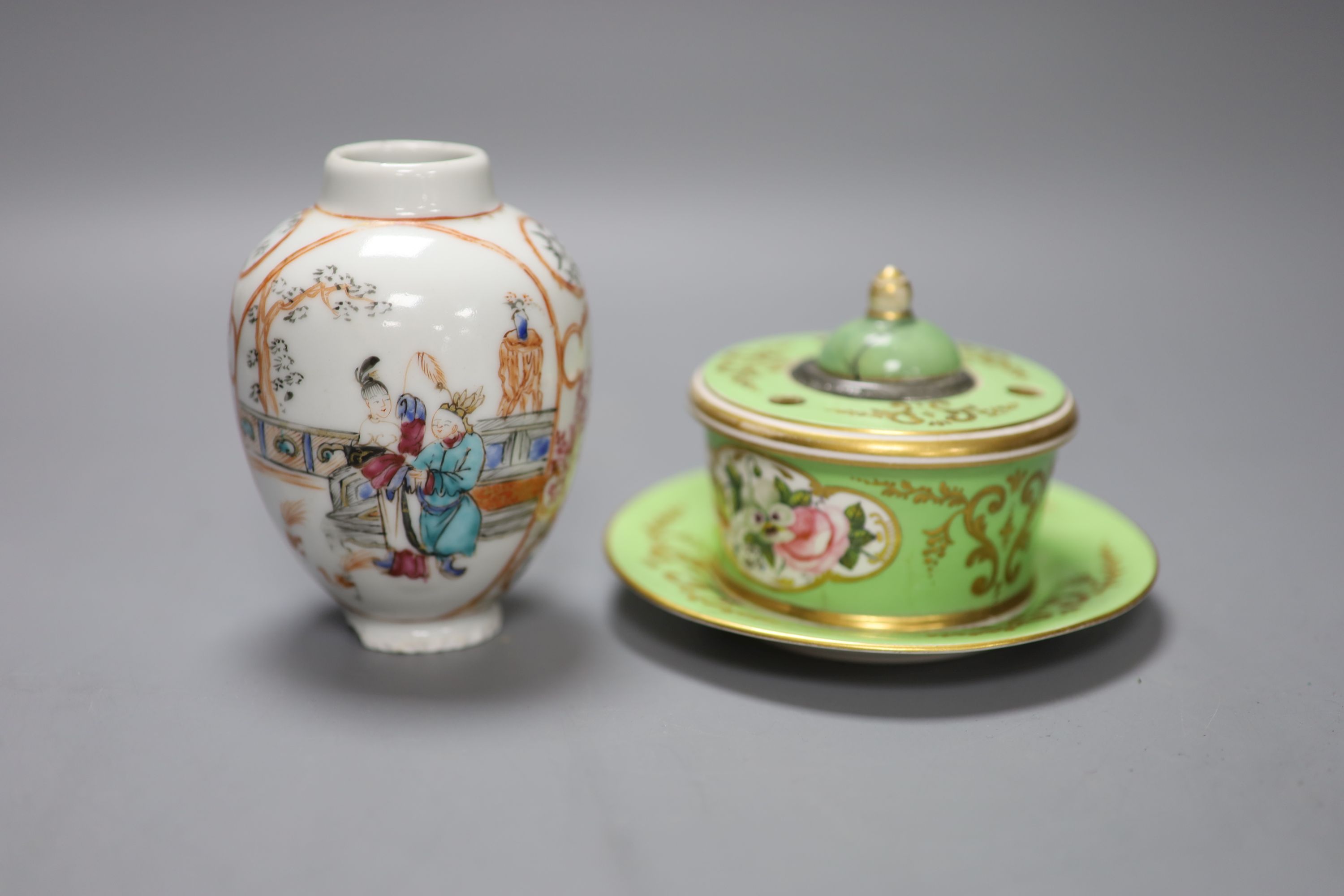 A Sampson Hancock Derby inkwell and a Chinese famille rose vase, Qianlong, height 10.5cm